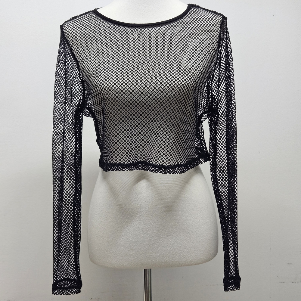 Sheer Black Fishnet Long-Sleeve Crop Top